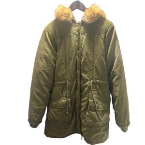Olive Green Y2K Parka Sherpa Lined Faux Fur Hood Utility Jacket Size 10